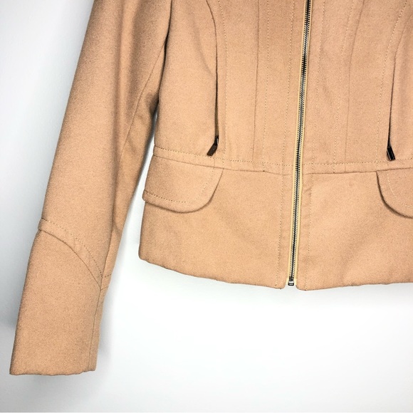 EXPRESS Women's Tan Zip-up Jacket Blazer Crew Neck Long Sleeves office career - Picture 7 of 8